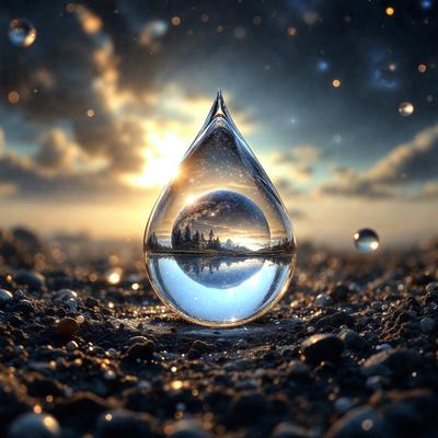 Primary subject: A single drop of water.
Setting/background: A beach or rocky surface.
Visual style: Digital art.
Colors and mood: The image is in black and white, giving it a classic and timeless feel.